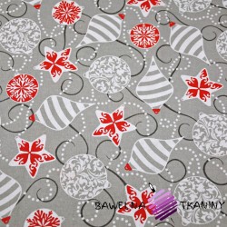 Cotton Christmas pattern with red baubles on a gray background