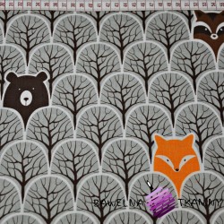 Cotton raccoons and foxes in gray trees