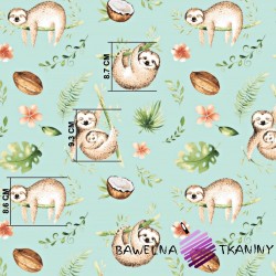 Cotton beige-green sloths on a mint background