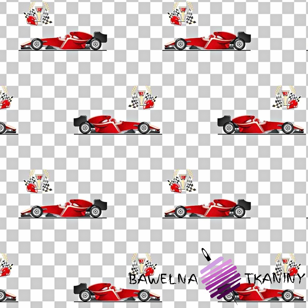 Bawełna samochody F1 czerwone na biało szarej kracie