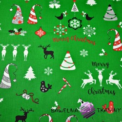 Cotton pattern Christmas reindeers and Christmas tree on a green background