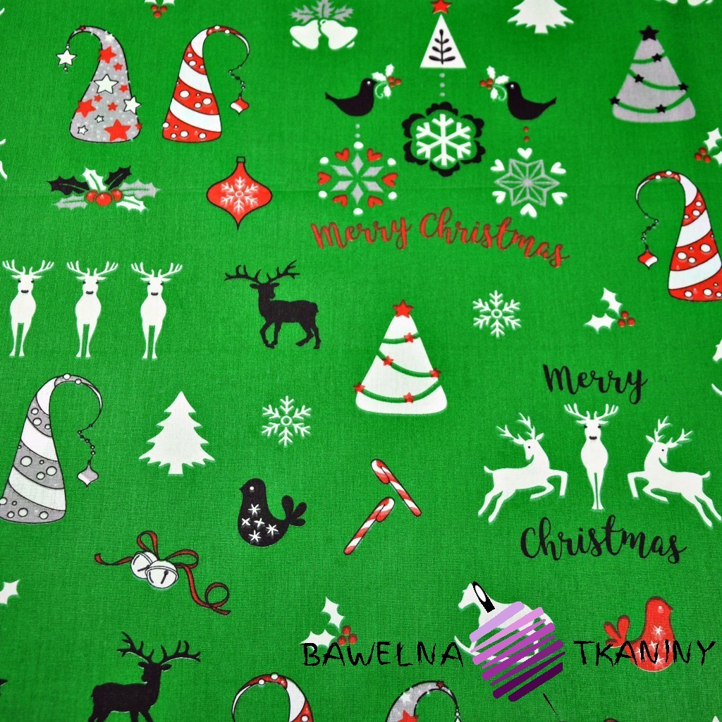 Bawełna wzór świąteczny renifery i choinki na zielonym tle