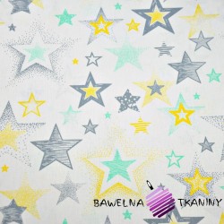 Bawełna Gwiazdki wzorzyste szaro żółte na białym tle