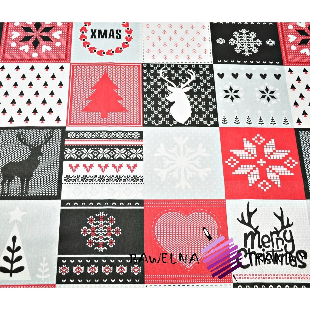Cotton Christmas pattern patchwork gray-red