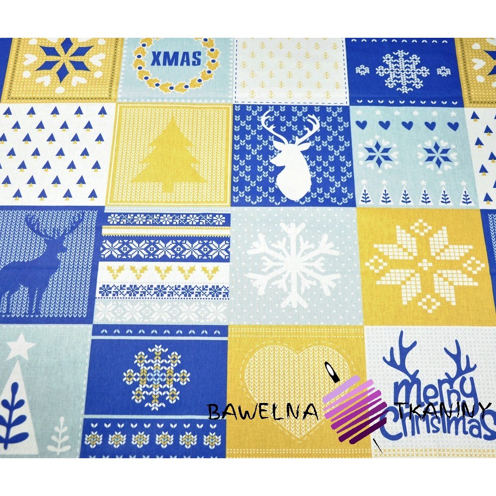 Bawełna Wzór świąteczny patchwork niebiesko beżowy