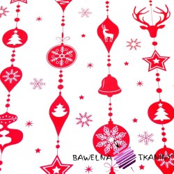 Bawełna wzór świąteczny sznur bombek czerwone na białym tle