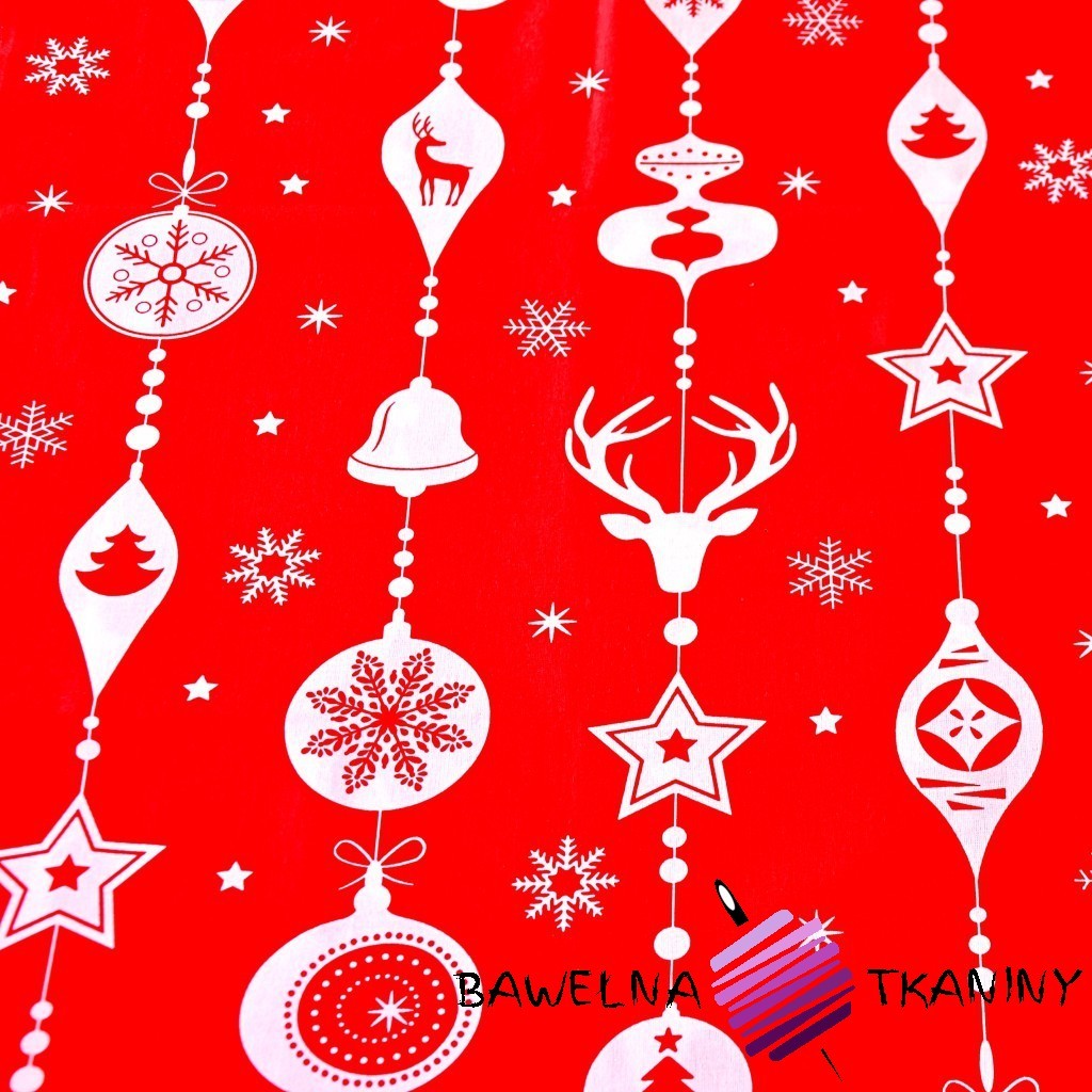 Cotton Christmas pattern with red baubles on a red background