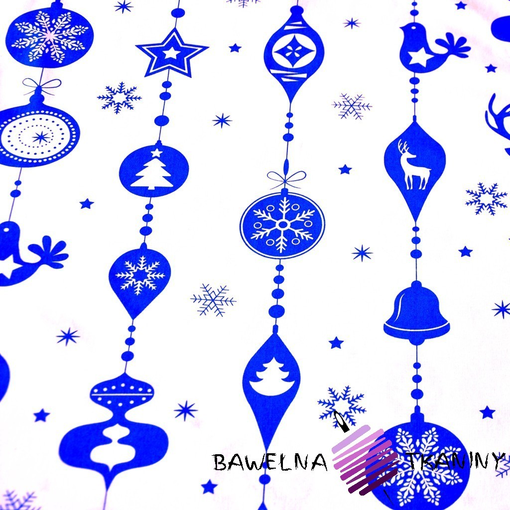 Bawełna wzór świąteczny sznur z bombek niebieskie na białym tle