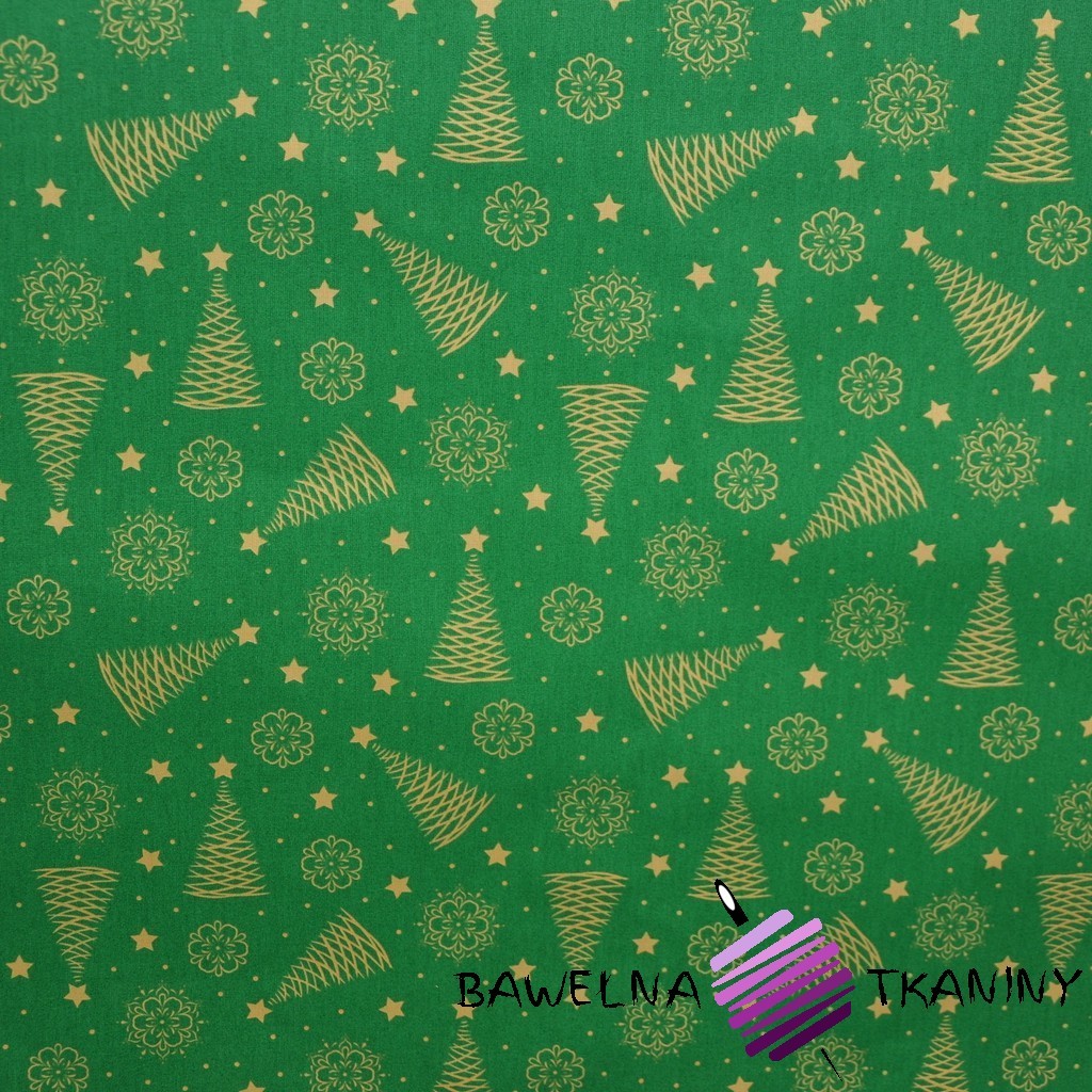 Bawełna Wzór świąteczny choinki złocone i połyskujące na zielonym tle