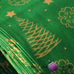 Bawełna Wzór świąteczny choinki złocone i połyskujące na zielonym tle