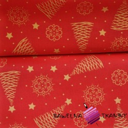 Bawełna Wzór świąteczny choinki złocone i połyskujące na czerwonym tle