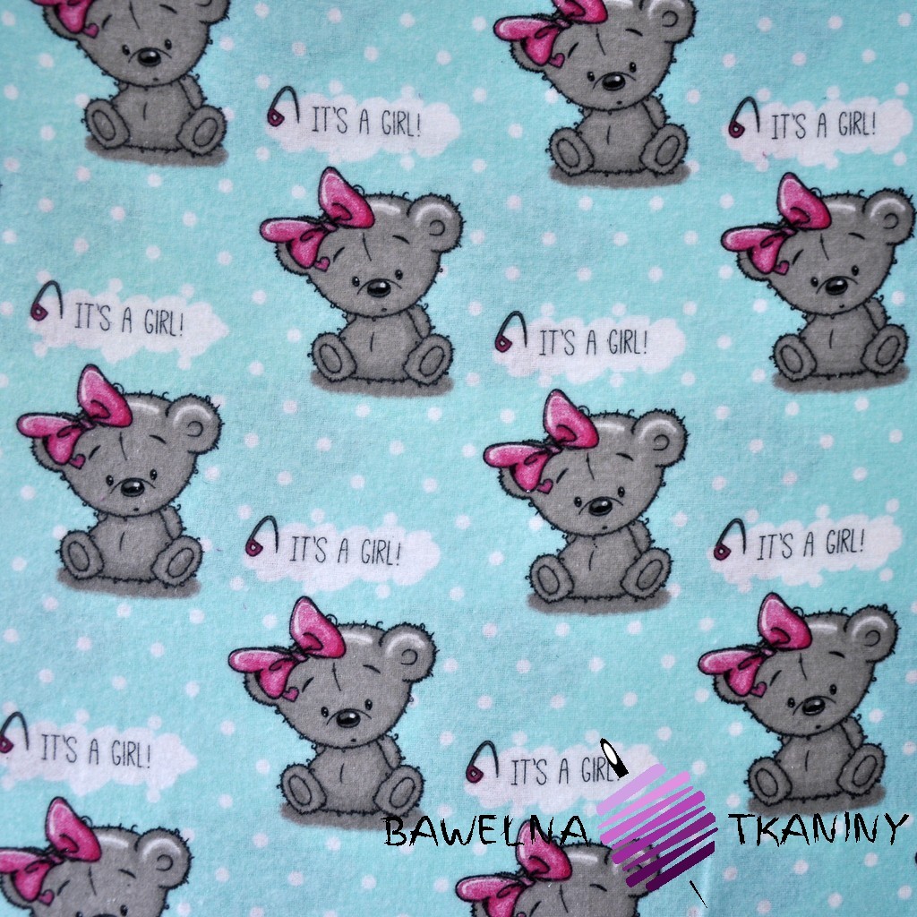 Flannel GIRL bears on blue with white dots
