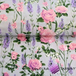 Cotton lavender with roses on a gray background