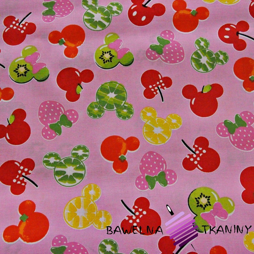 Bawełna MIKI owocowe na różowym tle
