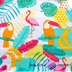 Cotton toucans and colorful flamingos on a white background