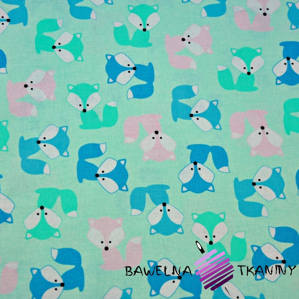 Cotton foxes pink green on a mint background