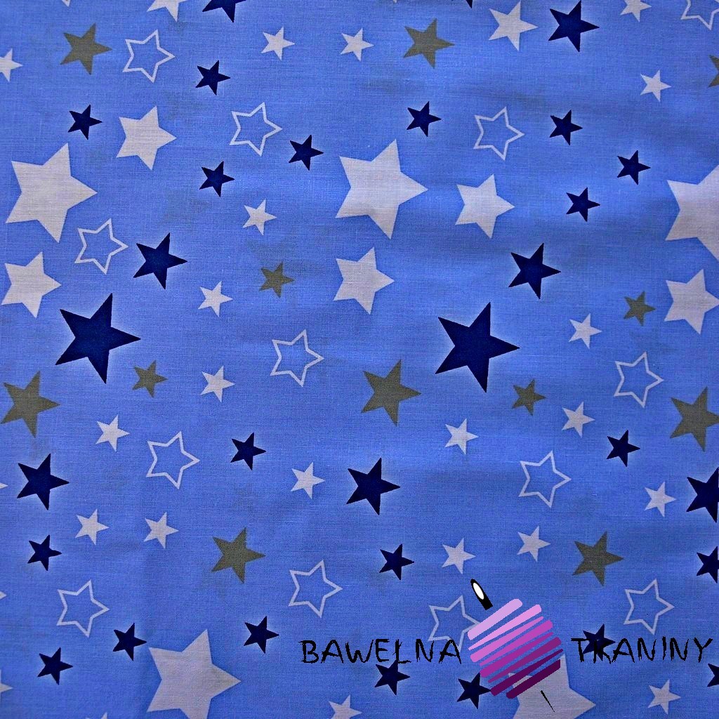 Flannel white & navy, gray stars on blue background