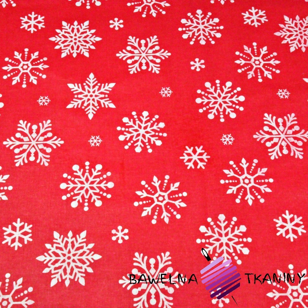Bawełna wzór świąteczny śnieżynki duże białe na czerwonym tle