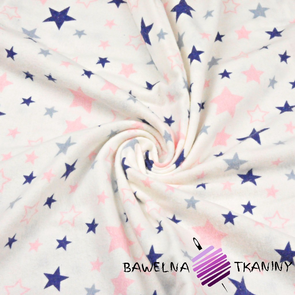 Flannel pink & navy stars on white background