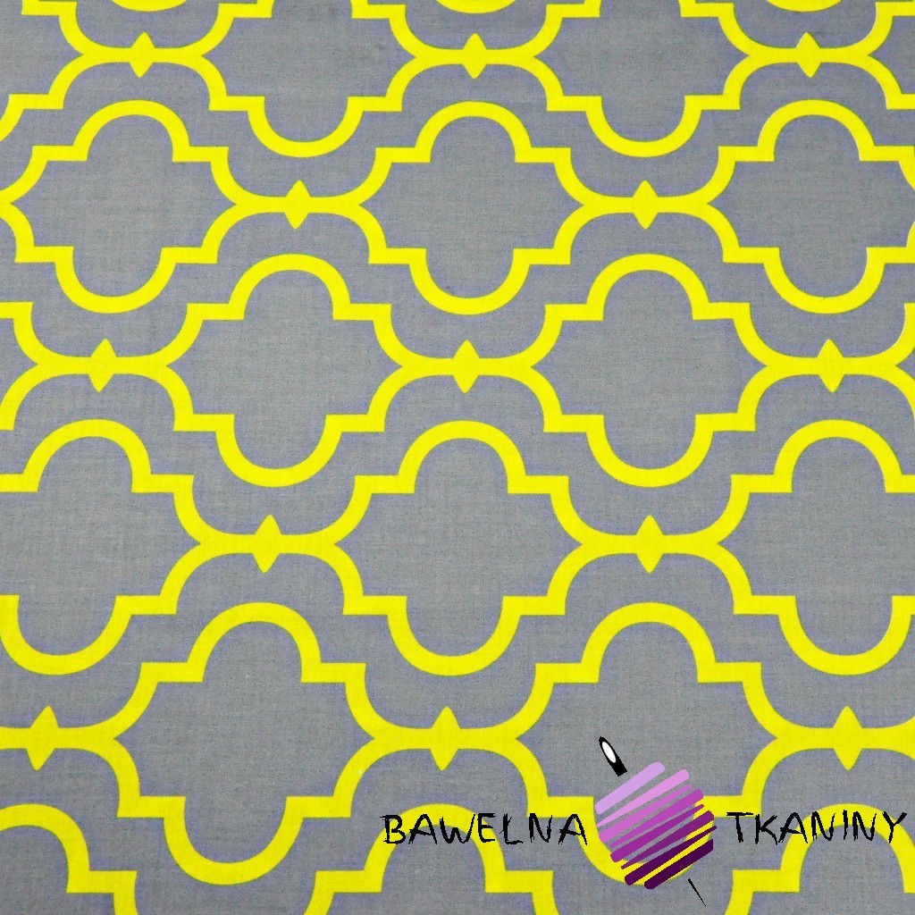 Bawełna Mozaika orientalna żółta na szarym tle