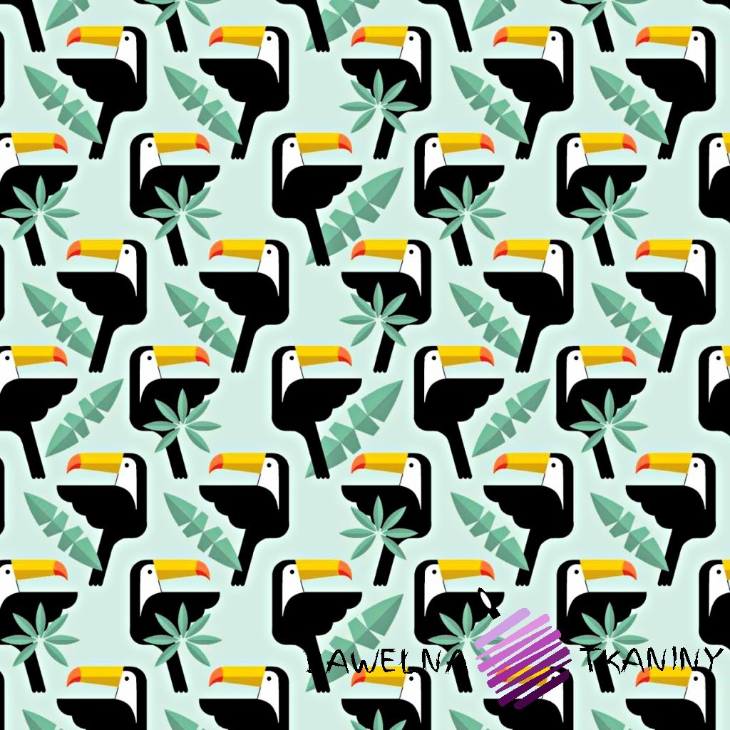 Cotton toucans with leafs on a mint background