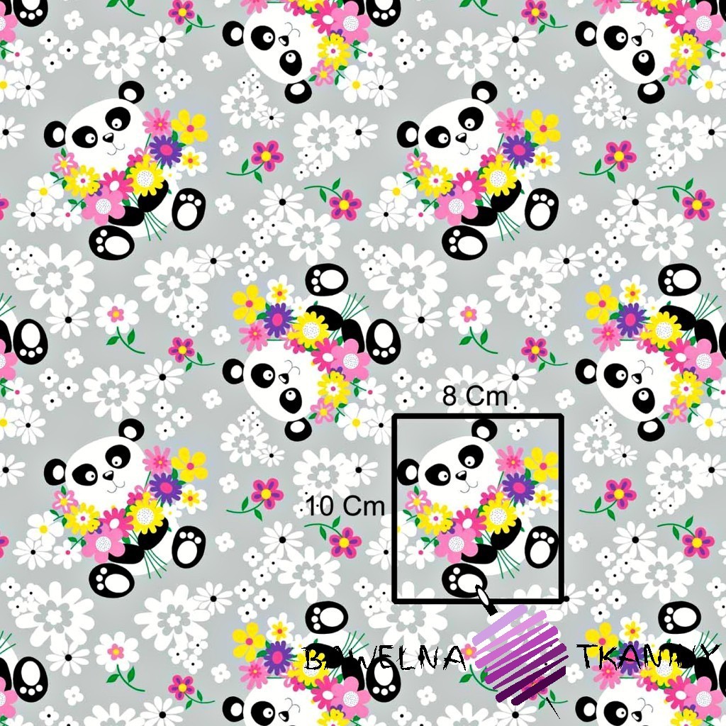 Cotton panda bear with flowers on gray background