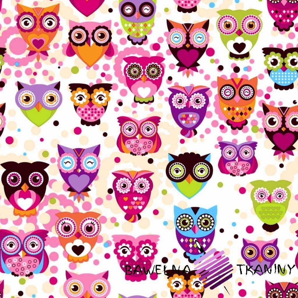 Cotton fabric Big owls (pink-green) Fabric store