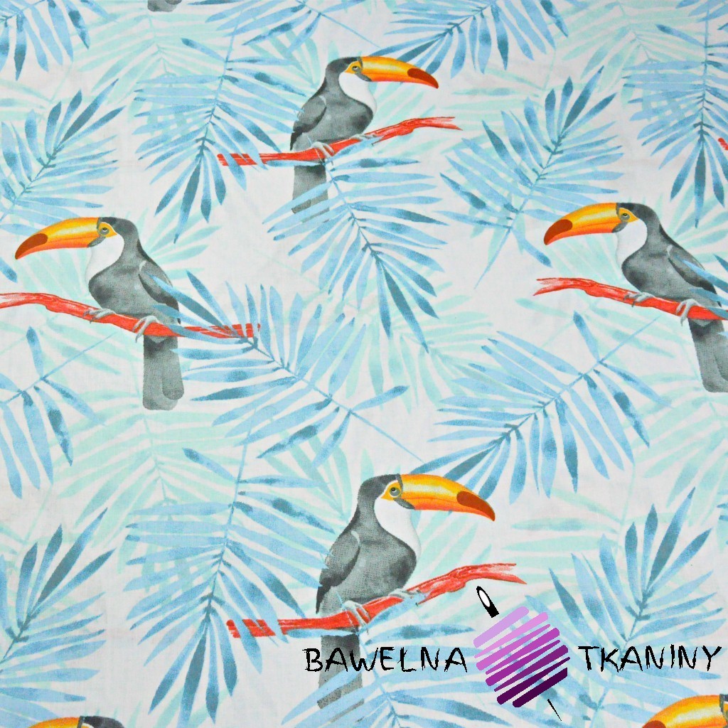 Cotton toucans with blue mint palm leaves on a white background