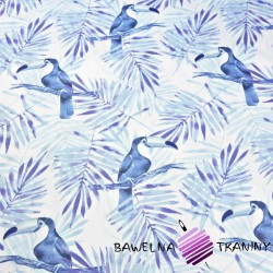 Cotton toucans with blue & navy palm leaves on a white background