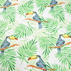 Cotton toucans with green palm leaves on a white background