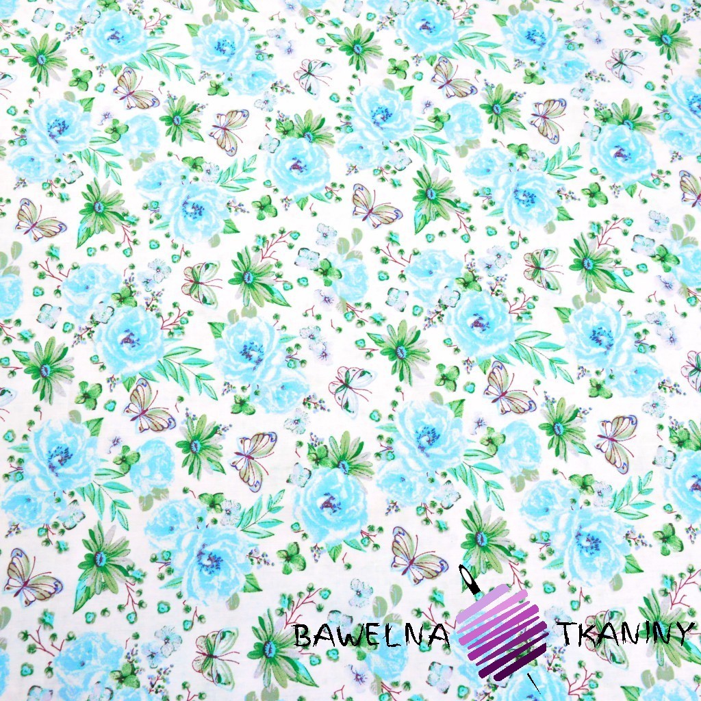 Bawełna kwiatki z motylkami błękitno zielone na białym tle