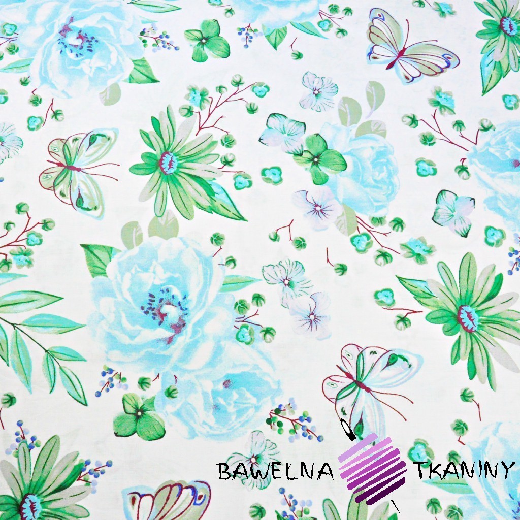 Cotton  blue & green big butterflies with flowers on white background