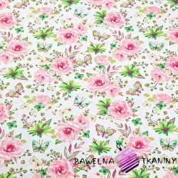 Cotton pink & green butterflies with flowers on white background
