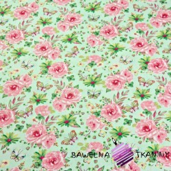 Cotton pink & green butterflies with flowers on green background