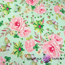 Cotton pink & green big butterflies with flowers on green background