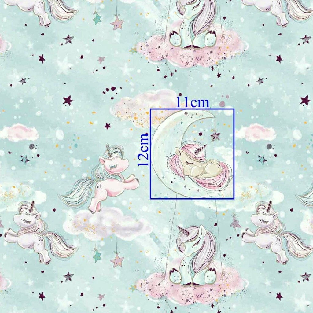 Cotton shiny gold unicorns with clouds on a mint background