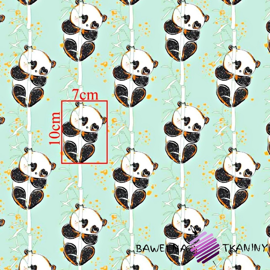 Cotton shiny gold panda with bamboo on a mint background