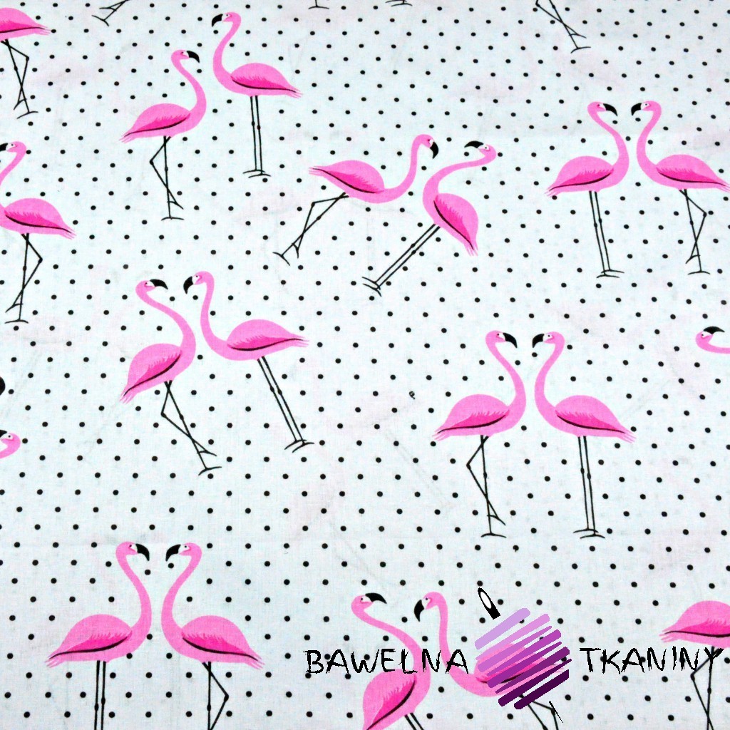 Bawełna flamingi z kropkami czarnymi na białym tle