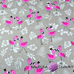Bawełna flamingi różowe z listkami na szarym tle