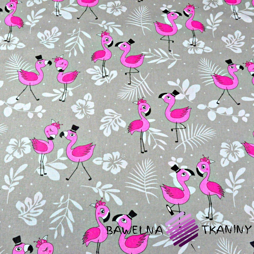 Bawełna flamingi różowe z listkami na szarym tle