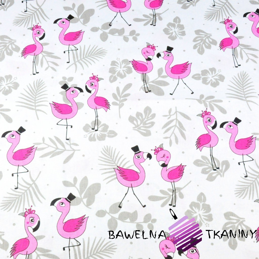 Bawełna flamingi różowe z listkami na białym tle