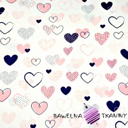 Cotton pink & navy hearts on white background