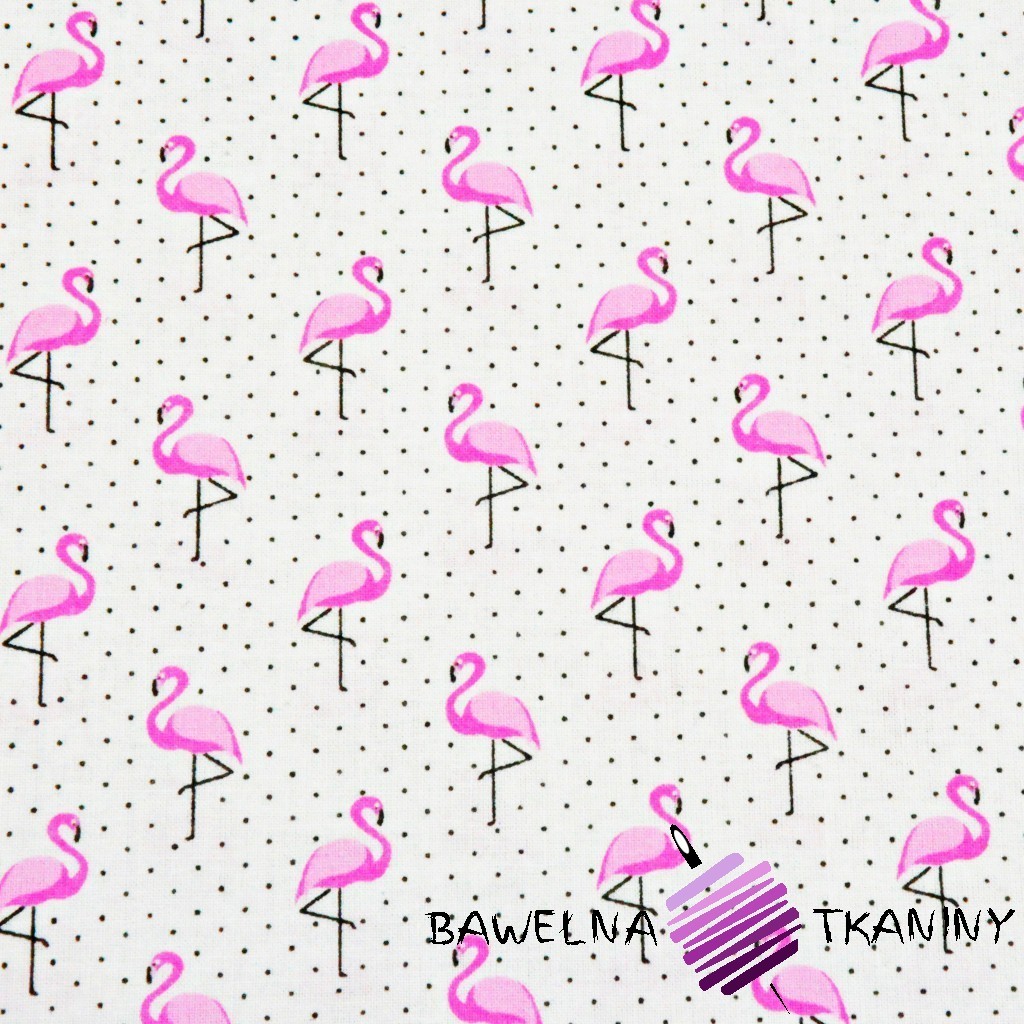 Bawełna flamingi MINI z kropkami czarnymi na białym tle
