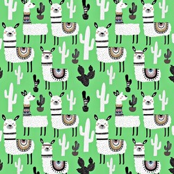 Cotton alpacas with cactus on green background