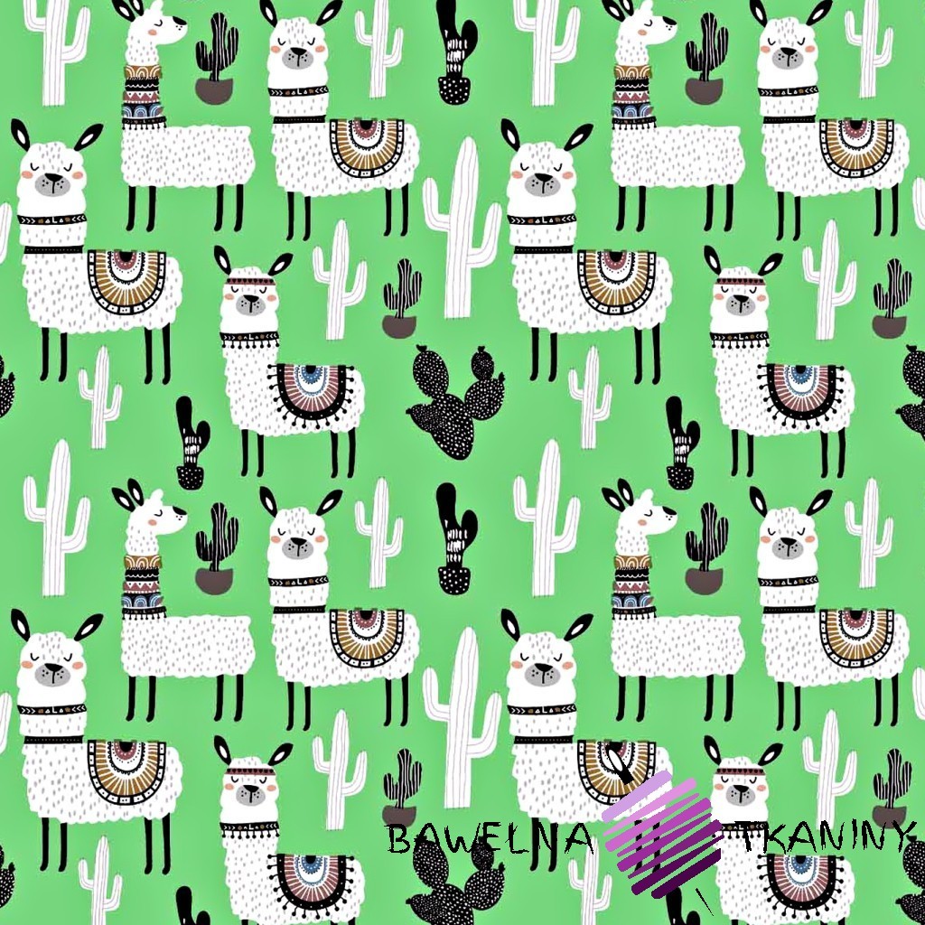Bawełna alpaki z kaktusami na zielonym tle