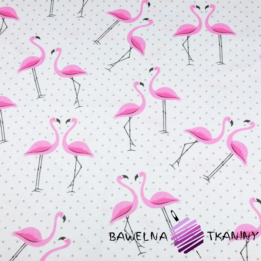 Bawełna flamingi z kropkami szarymi na białym tle