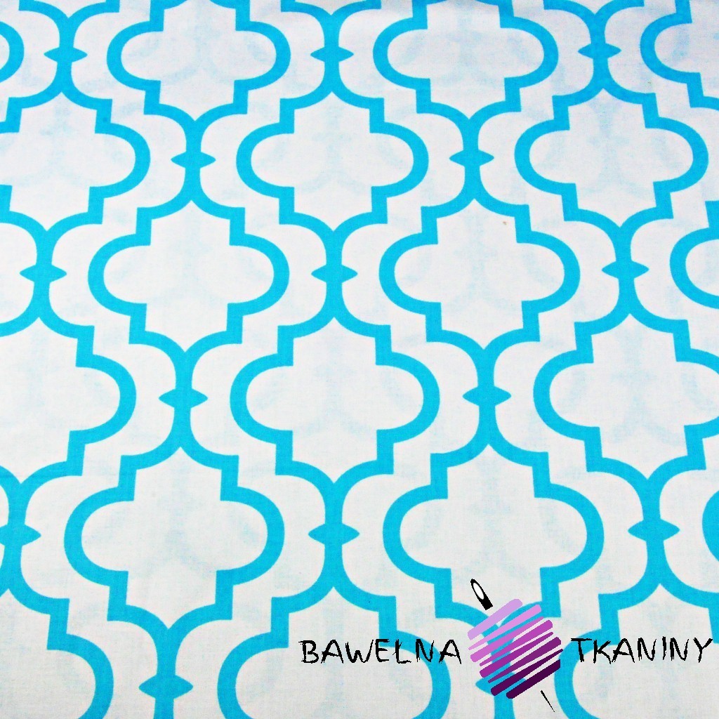 Bawełna Mozaika orientalna turkusowa na białym tle