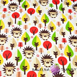 Cotton hedgehogs & red trees on white background