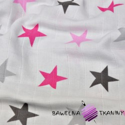 Muślin bawełniany gwiazdki różowo szare na białym tle