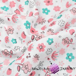 Double gaze cotton pink and mint flowers on white background